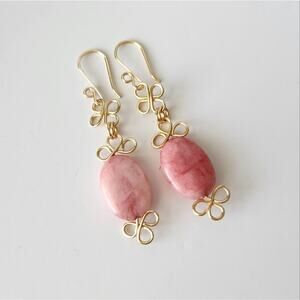 Pink Agate Oval Stone Beads Gold Wire Wrapped Dangle Earrings
